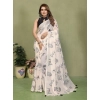 Women's Linen Cotton Printed Saree With Unstitched Blouse 5.5Mtr (Off White)