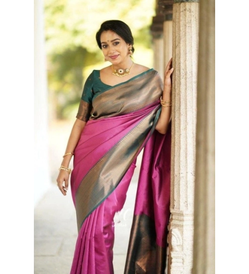 Women's Soft Lichi Silk Printed Saree With Unstitched Blouse 5.5Mtr (Pink)