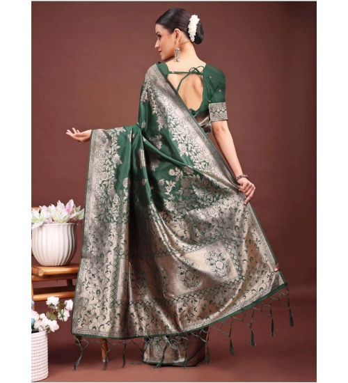 Women's Banarasi Silk Printed Saree With Unstitched Blouse 5.5Mtr (Dark Green)
