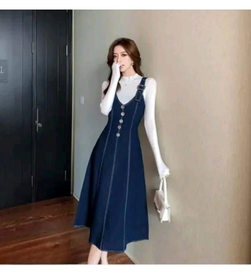 Women's Casual Denim Sleeveless Dress (Blue)