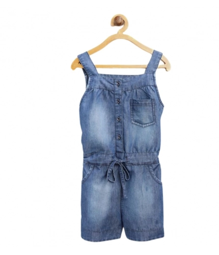 Girl's Denim Embroidered Sleeveless Jumpsuit (Blue)