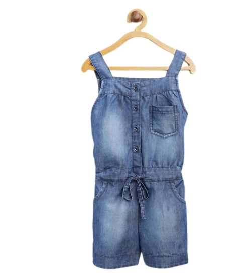 Girl's Denim Embroidered Sleeveless Jumpsuit (Blue)