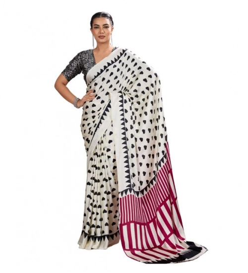 Women's Satin Crepe Printed Saree With Unstitched Blouse 5.5Mtr (White)