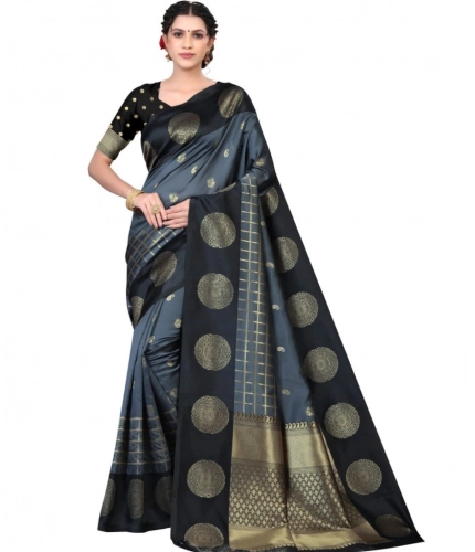 Women's Soft Lichi Silk Printed Saree With Unstitched Blouse 5.5Mtr (Black)