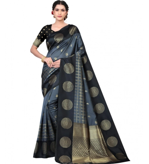Women's Soft Lichi Silk Printed Saree With Unstitched Blouse 5.5Mtr (Black)