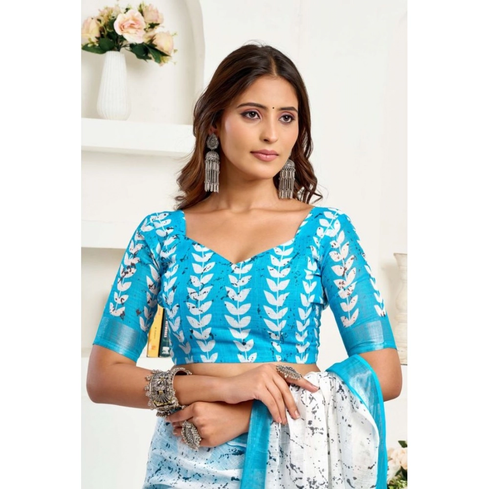 Women's Faux Linen Leaf Print Ready to wear Saree With Unstitched Blouse 5.5Mtr (SkyBlue & White) Women's Faux Linen Leaf Print Ready to wear Saree With Unstitched Blouse 5.5Mtr (SkyBlue & White)