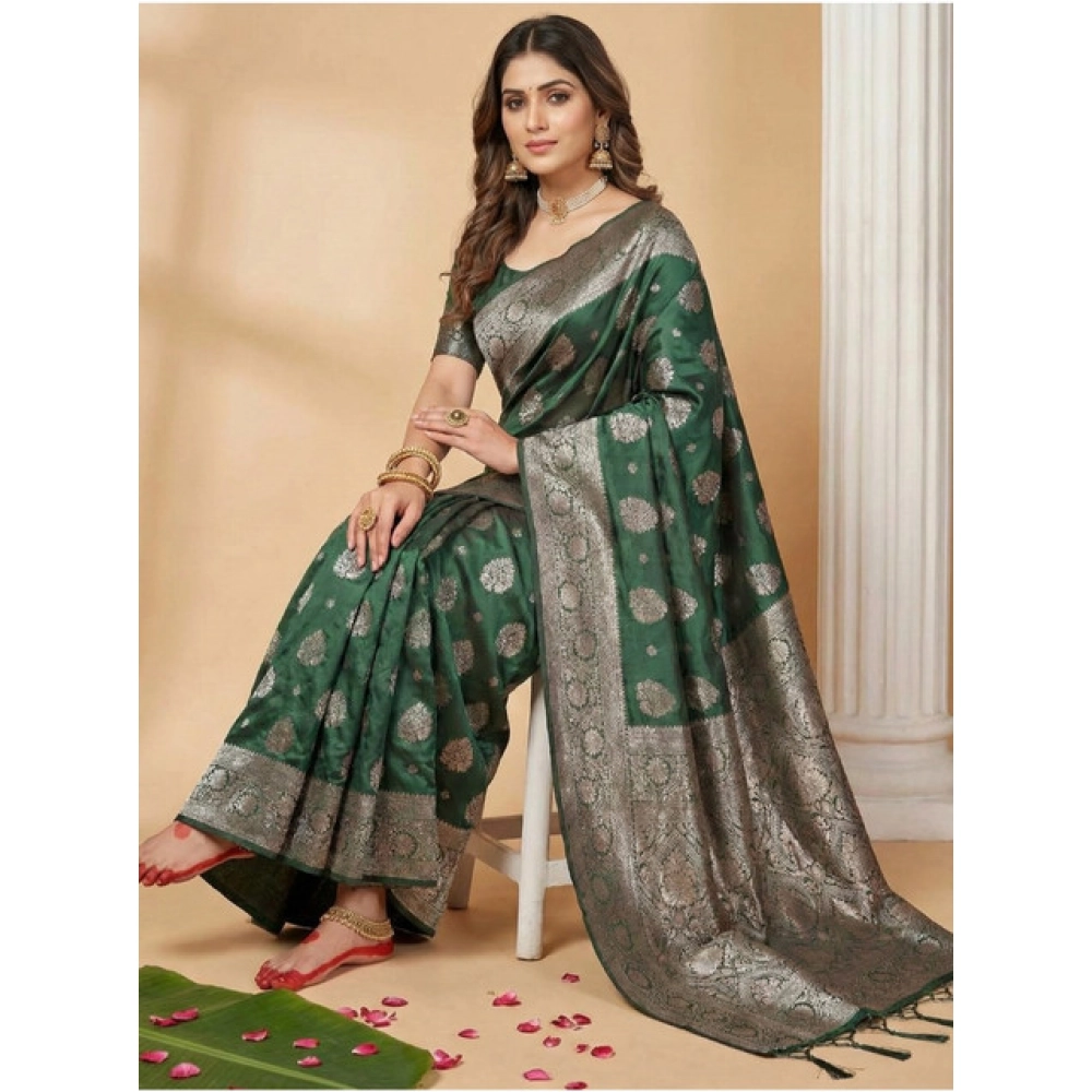 Women's Silk Blend Printed Saree With Unstitched Blouse 5.5Mtr (Dark Green) Women's Silk Blend Printed Saree With Unstitched Blouse 5.5Mtr (Dark Green)