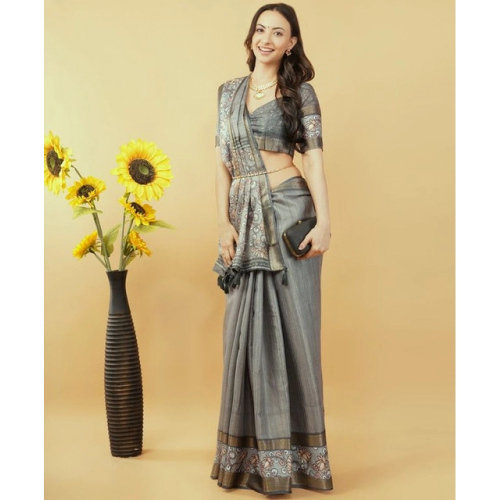 Women's Polyester Printed Saree With Unstitched Blouse 5.5 Mtr (Grey)
