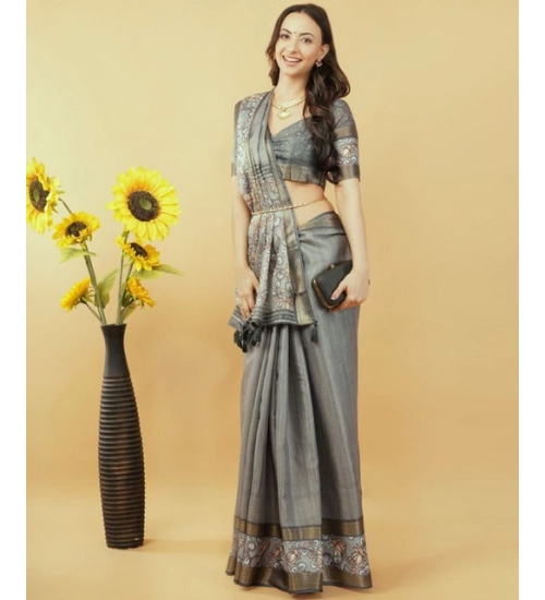 Women's Polyester Printed Saree With Unstitched Blouse 5.5 Mtr (Grey)
