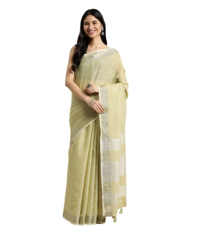 Women's Linen Cotton Printed Saree With Unstitched Blouse 5.5Mtr (Olive Green)