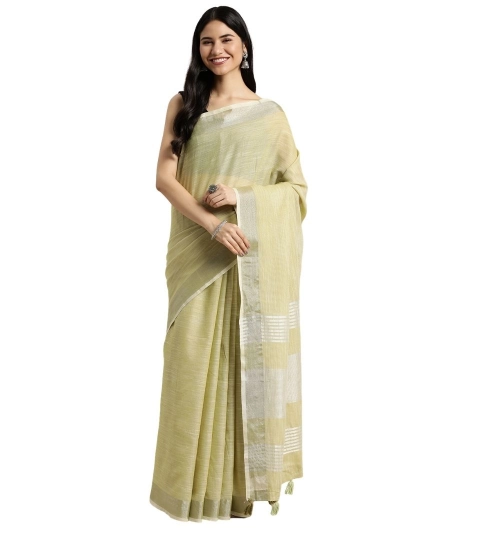 Women's Linen Cotton Printed Saree With Unstitched Blouse 5.5Mtr (Olive Green)