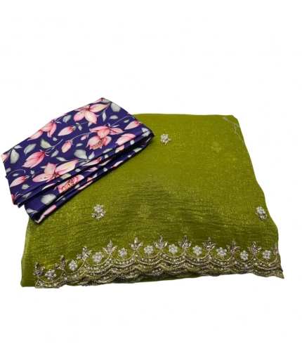Women's Stone Work Soft Silk Saree With Unstitched Blouse (Green, 5-6 Mtrs)
