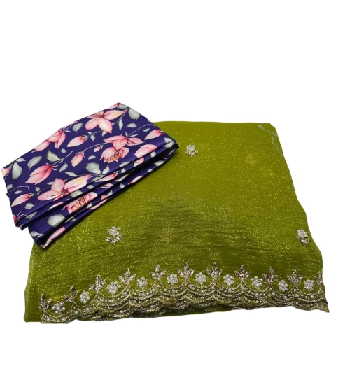 Women's Stone Work Soft Silk Saree With Unstitched Blouse (Green, 5-6 Mtrs)