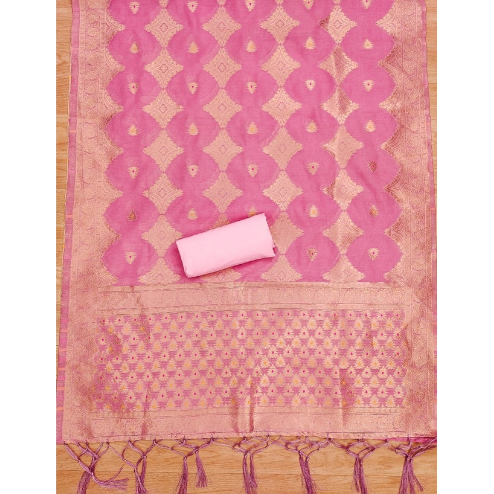 Women's Banarasi Silk Printed Unstitched Salwar Suit Material With Dupatta (Pink, 3Mtrs)