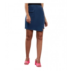 Women's Denim Lycra Solid Button Skirt (Blue)