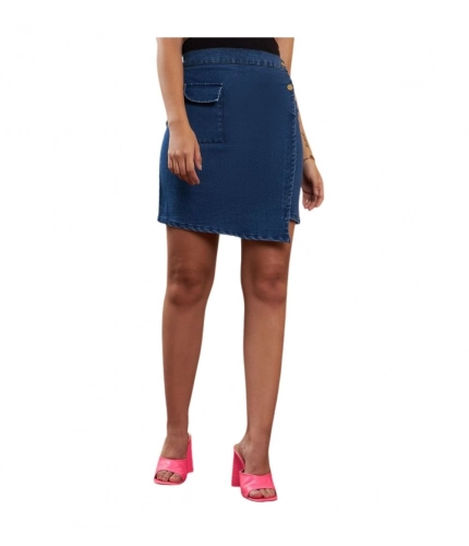 Women's Denim Lycra Solid Button Skirt (Blue)