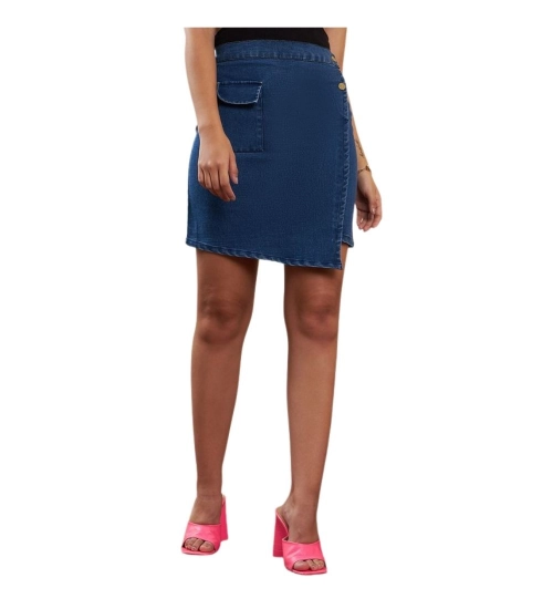 Women's Denim Lycra Solid Button Skirt (Blue)