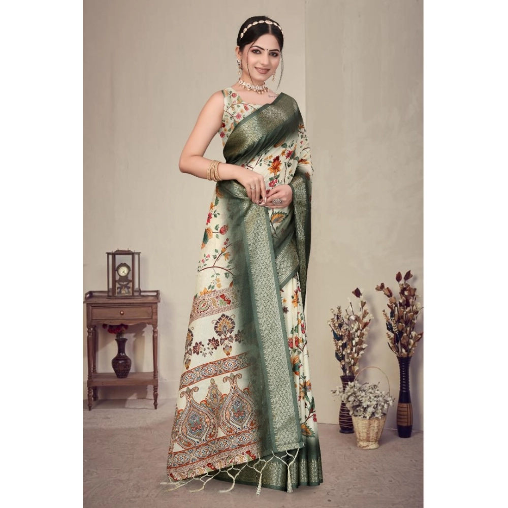 Women's Cotton Silk  Printed Saree With Unstitched Blouse 5.5Mtr (Green)