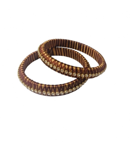 Women's Plastic Silk Thread Bangles (Gold-Dark Brown, Size: 2.6)