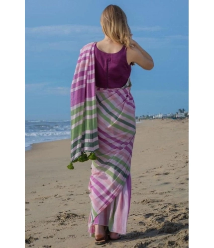 Women's Linen Printed Saree With Unstitched Blouse 5.5Mtr (Pink)