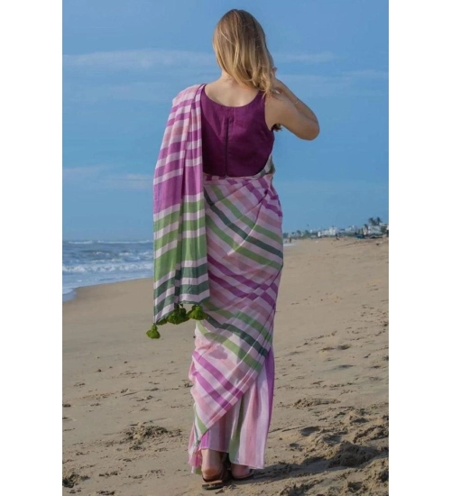 Women's Linen Printed Saree With Unstitched Blouse 5.5Mtr (Pink)