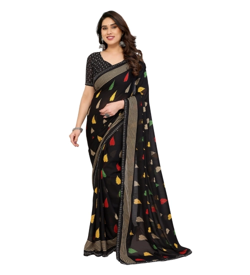 Women's Georgette Printed Saree With Unstitched Blouse 5.5Mtr (Black)