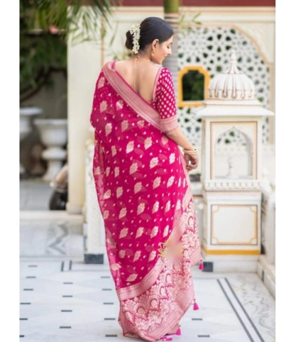 Women's Soft Lichi Silk Printed Saree With Unstitched Blouse 5.5Mtr (Pink) Women's Soft Lichi Silk Printed Saree With Unstitched Blouse 5.5Mtr (Pink)
