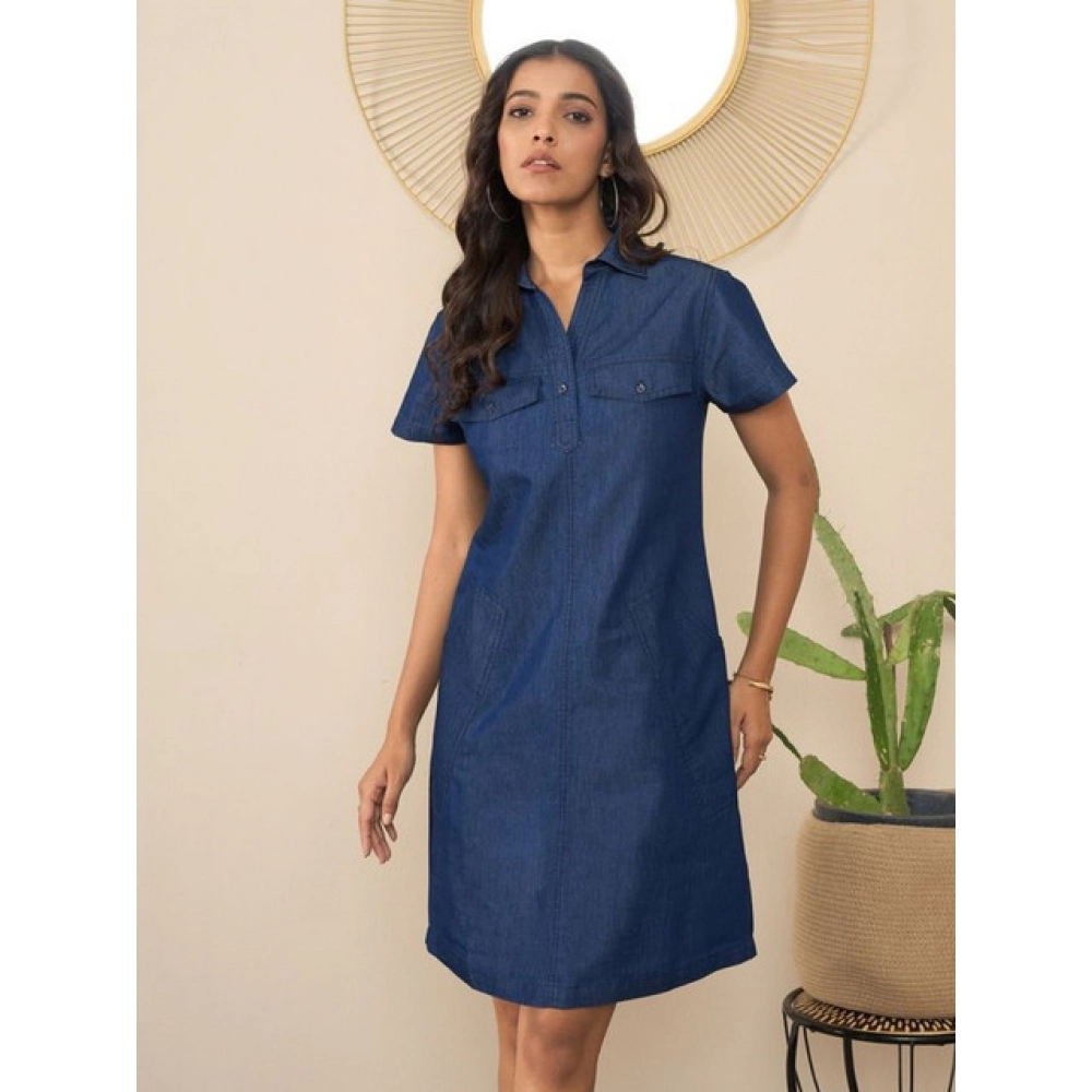 Women's Denim Solid Sleeveless Dress (Blue)