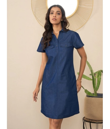 Women's Denim Solid Sleeveless Dress (Blue)