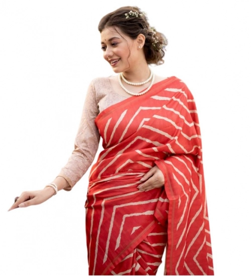 Women's Faux_Tussar_Silk Geometric_Print Saree With Unstitched Blouse 5.5Mtr (Red)