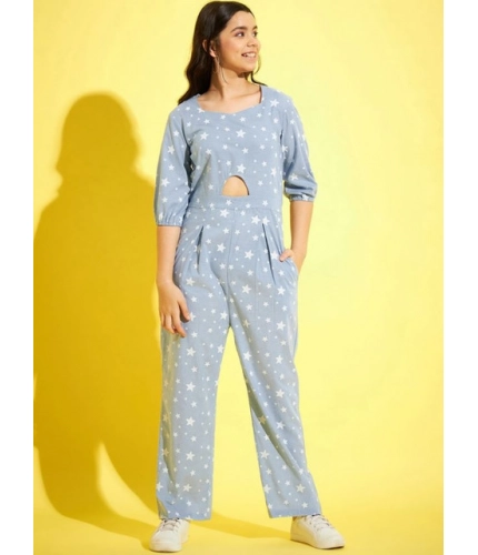 Girl's Cotton Printed 3-4th Sleeve Jumpsuit (Blue - White)
