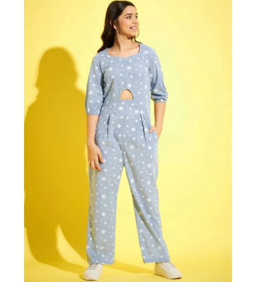 Girl's Cotton Printed 3-4th Sleeve Jumpsuit (Blue - White)