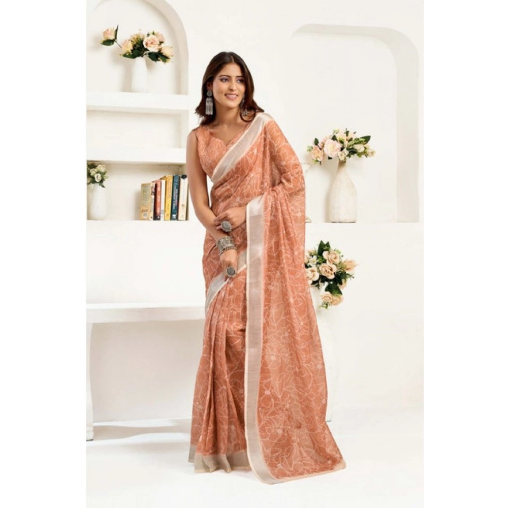 Women's Faux Linen Floral Print Ready to wear Saree With Unstitched Blouse 5.5Mtr (Peach)