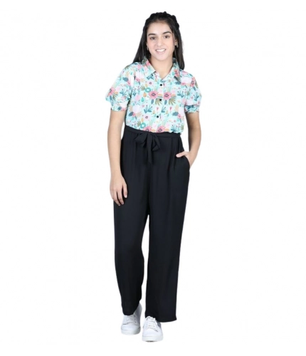 Girl's Polyester Floral Short Sleeves Jumpsuit (Green-Black)