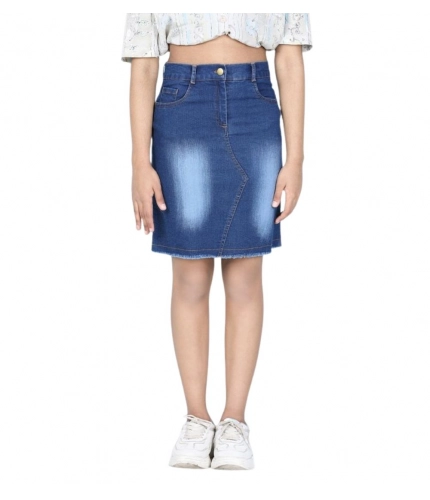Girl's Denim Solid Buttoned Skirt (Blue)