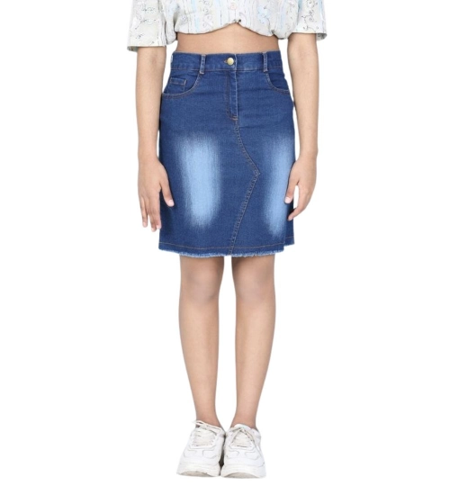 Girl's Denim Solid Buttoned Skirt (Blue)