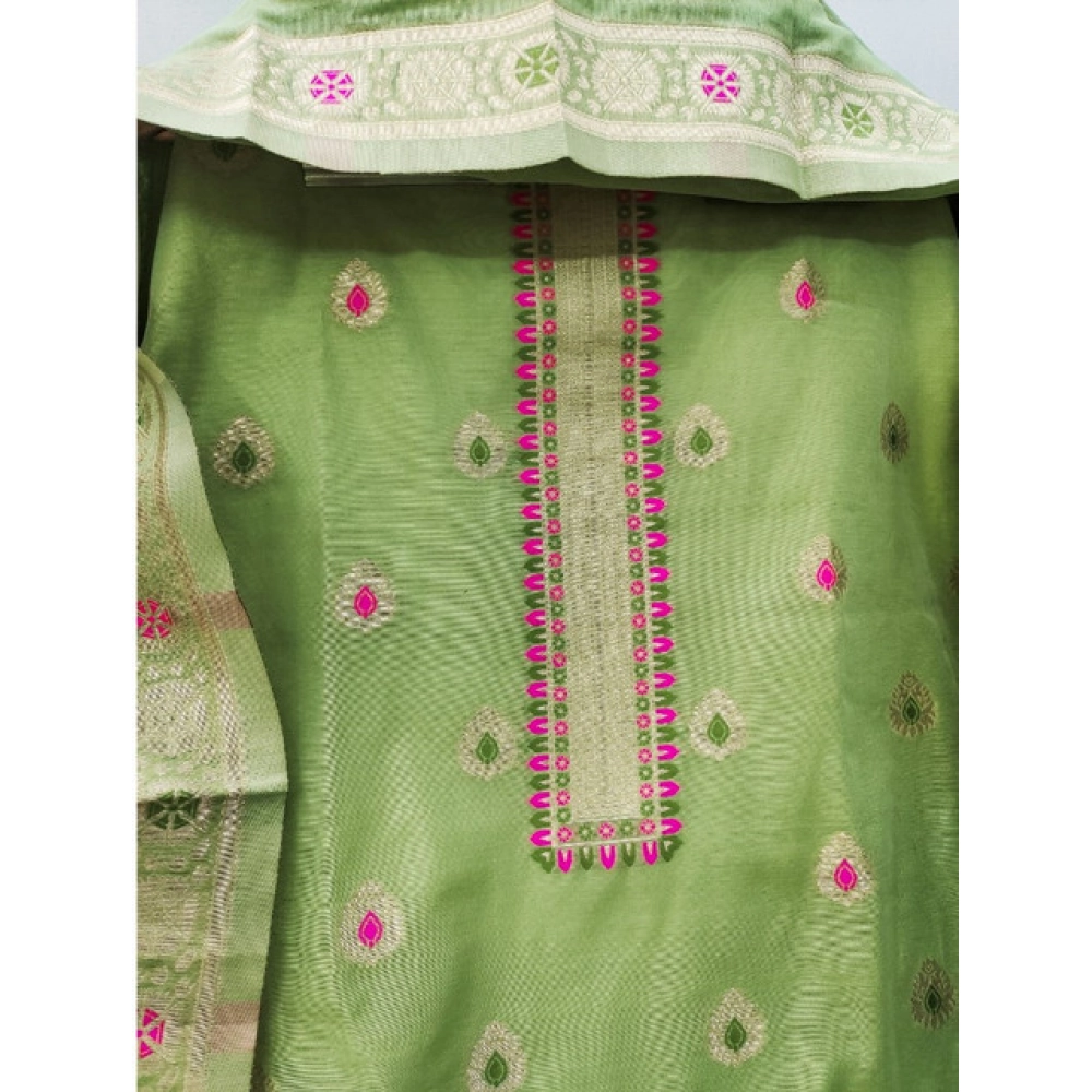 Women's Banarasi Silk Printed Unstitched Salwar Suit Material With Dupatta (Pista, 3Mtrs)