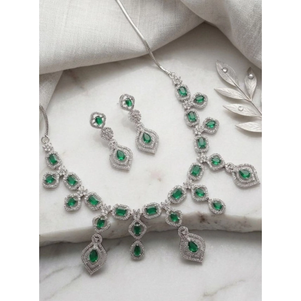 Women's Brass Silver Plated Necklace set (Green)