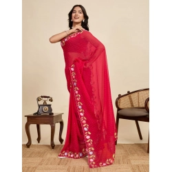 Women's Georgette Printed Saree With Unstitched Blouse 5.5Mtr (Red)