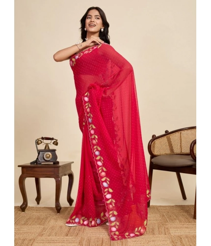 Women's Georgette Printed Saree With Unstitched Blouse 5.5Mtr (Red)