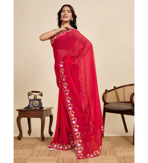 Women's Georgette Printed Saree With Unstitched Blouse 5.5Mtr (Red)