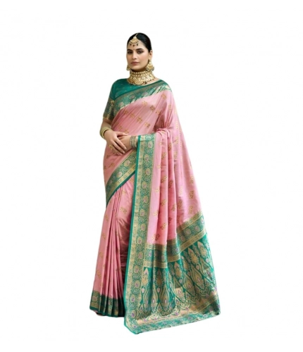 Women's Silk Blend Booti Work Ready to wear Saree With Unstitched Blouse 5.5Mtr (Peach)