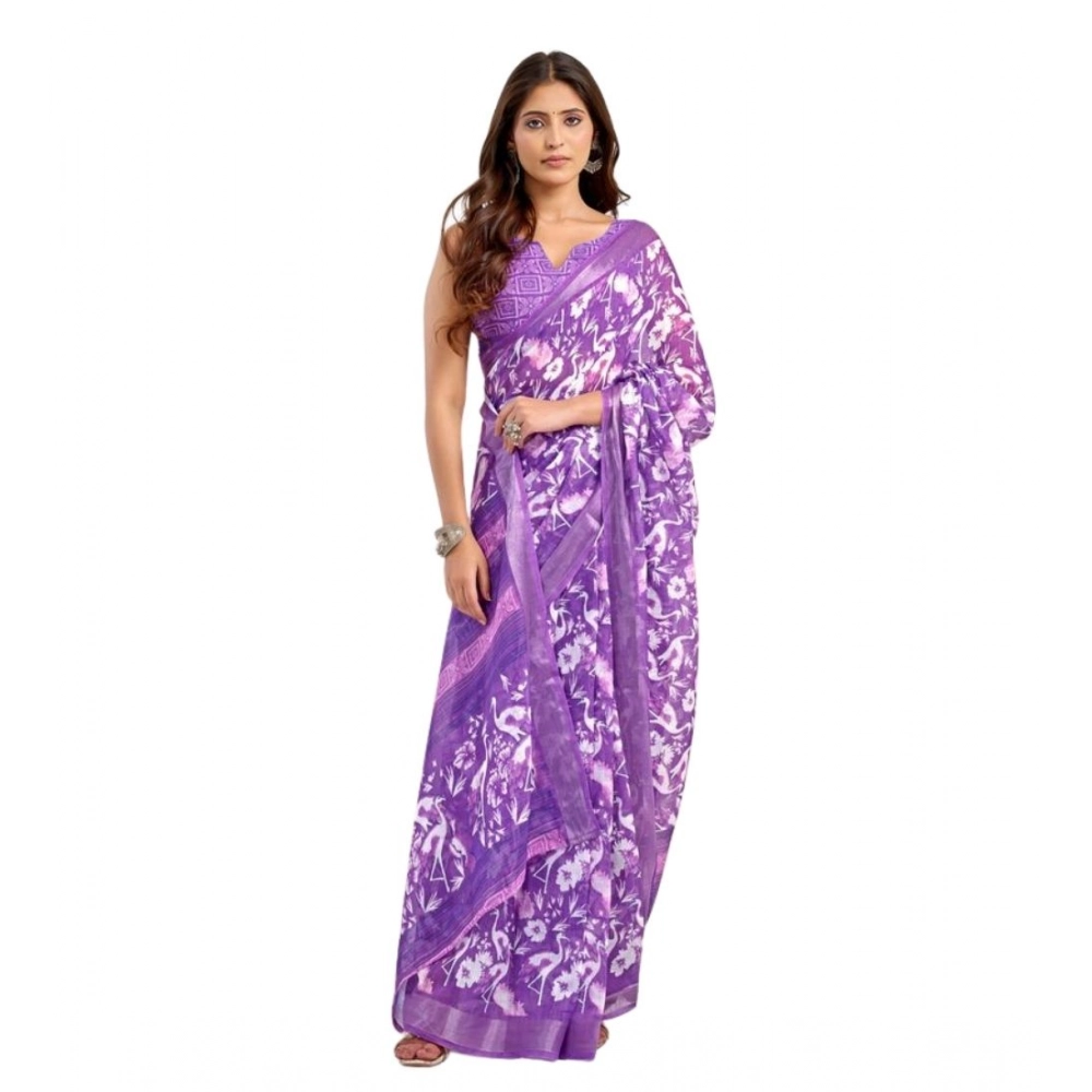 Women's Faux Linen Floral Print Ready to wear Saree With Unstitched Blouse 5.5Mtr (Purple) Women's Faux Linen Floral Print Ready to wear Saree With Unstitched Blouse 5.5Mtr (Purple)