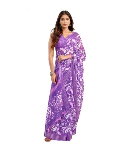 Women's Faux Linen Floral Print Ready to wear Saree With Unstitched Blouse 5.5Mtr (Purple) Women's Faux Linen Floral Print Ready to wear Saree With Unstitched Blouse 5.5Mtr (Purple)