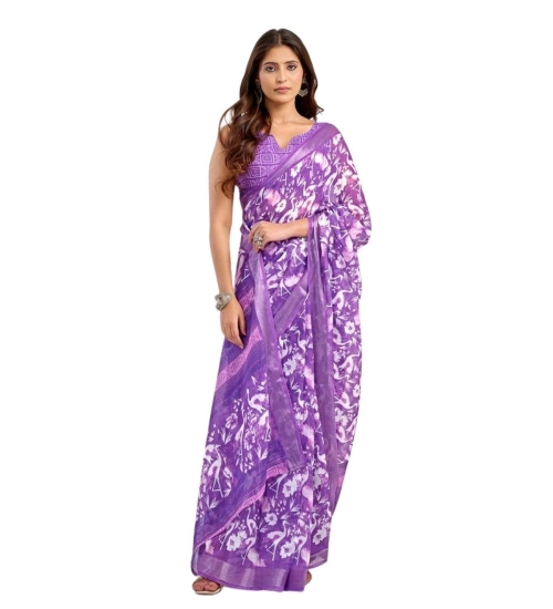 Women's Faux Linen Floral Print Ready to wear Saree With Unstitched Blouse 5.5Mtr (Purple)