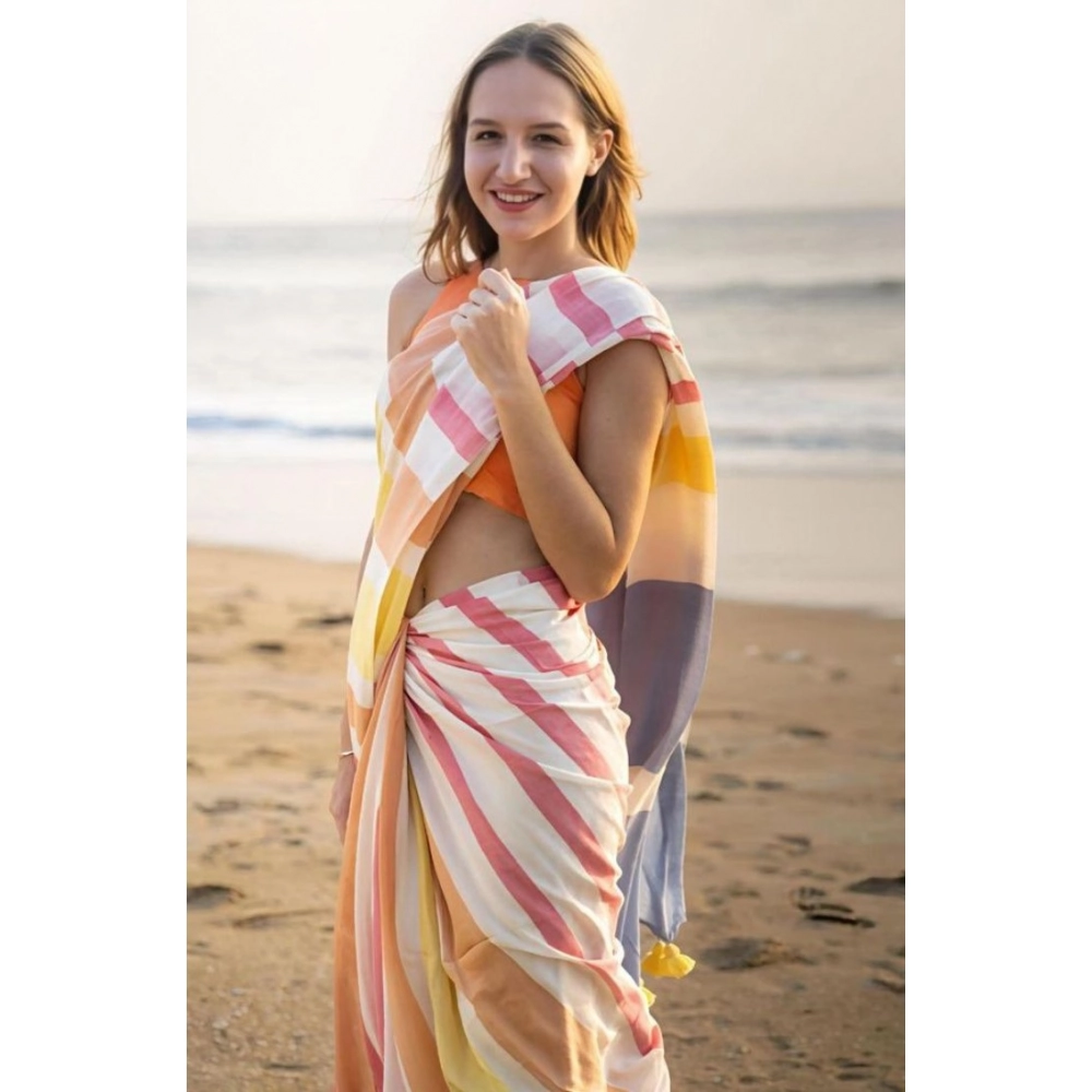 Women's Linen Printed Saree With Unstitched Blouse 5.5Mtr (Yellow)
