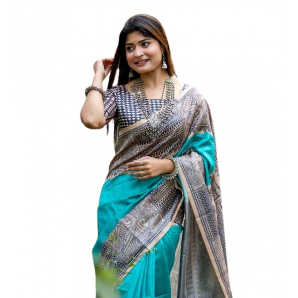 Women's Faux_Tussar Geometric_Print Saree With Unstitched Blouse 5.5Mtr (Rama_Green) Women's Faux_Tussar Geometric_Print Saree With Unstitched Blouse 5.5Mtr (Rama_Green)