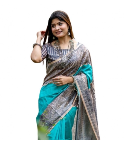 Women's Faux_Tussar Geometric_Print Saree With Unstitched Blouse 5.5Mtr (Rama_Green) Women's Faux_Tussar Geometric_Print Saree With Unstitched Blouse 5.5Mtr (Rama_Green)