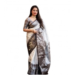 Women's Soft Lichi Silk Printed Saree With Unstitched Blouse 5.5Mtr (Off-White)