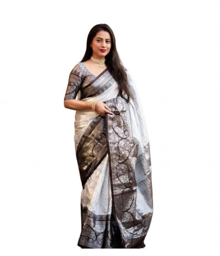 Women's Soft Lichi Silk Printed Saree With Unstitched Blouse 5.5Mtr (Off-White)